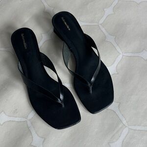Reformation Dana Black Leather Low Block Thong Sandals